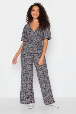 M&Co Black Ditsy Print Wrap Wide Leg Jumpsuit