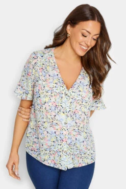 M&Co Blue Floral Print Frill Sleeve Blouse