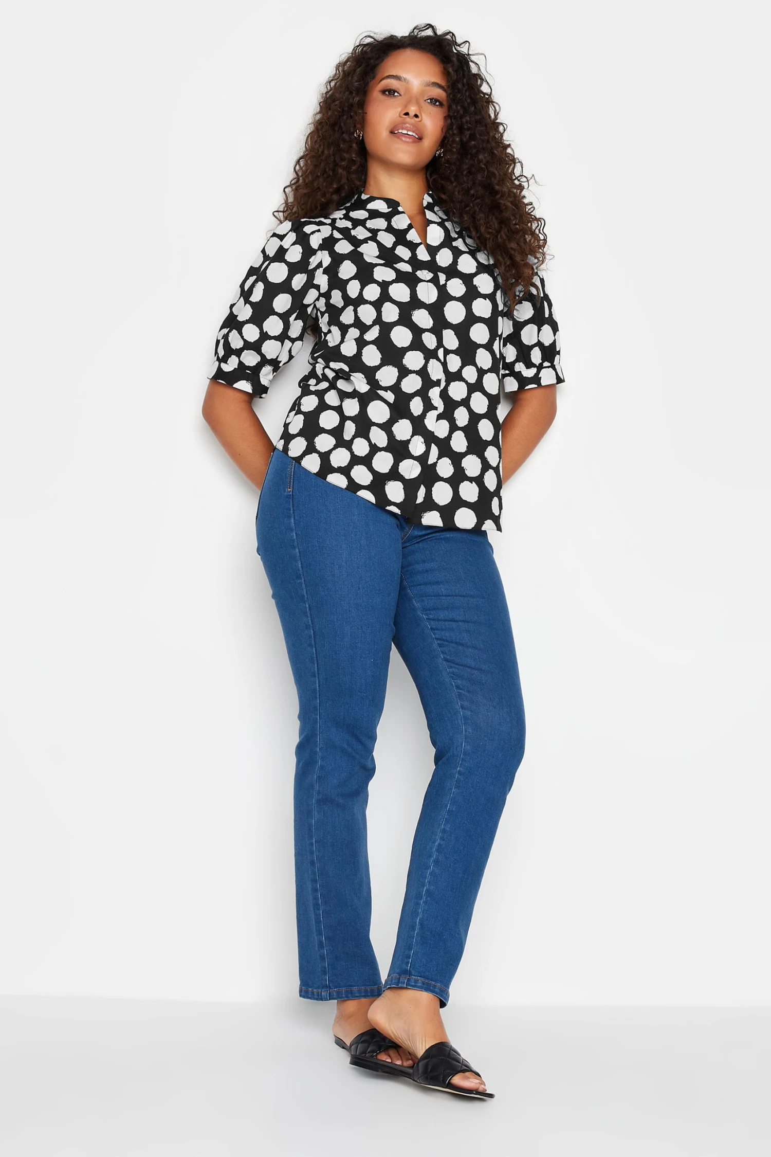 M&Co Black Polka Dot Puff Sleeve Shirt 2 M&Co Black Polka Dot Puff Sleeve Shirt - Image 2