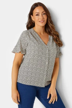 M&Co White Spot Print Frill Sleeve Button Through Blouse
