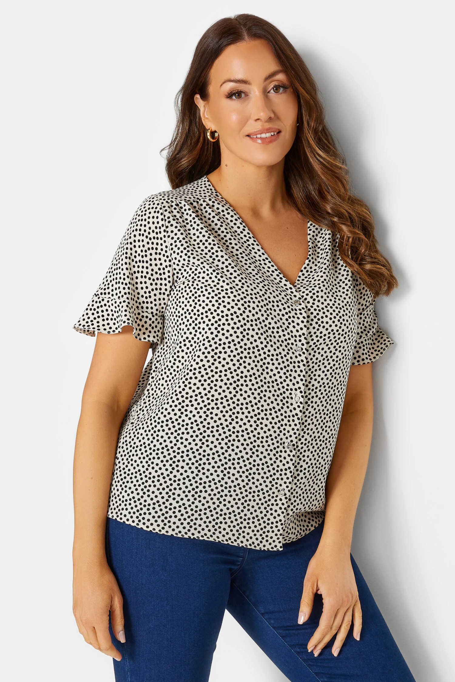 M&Co White Spot Print Frill Sleeve Button Through Blouse 1 M&Co White Spot Print Frill Sleeve Button Through Blouse