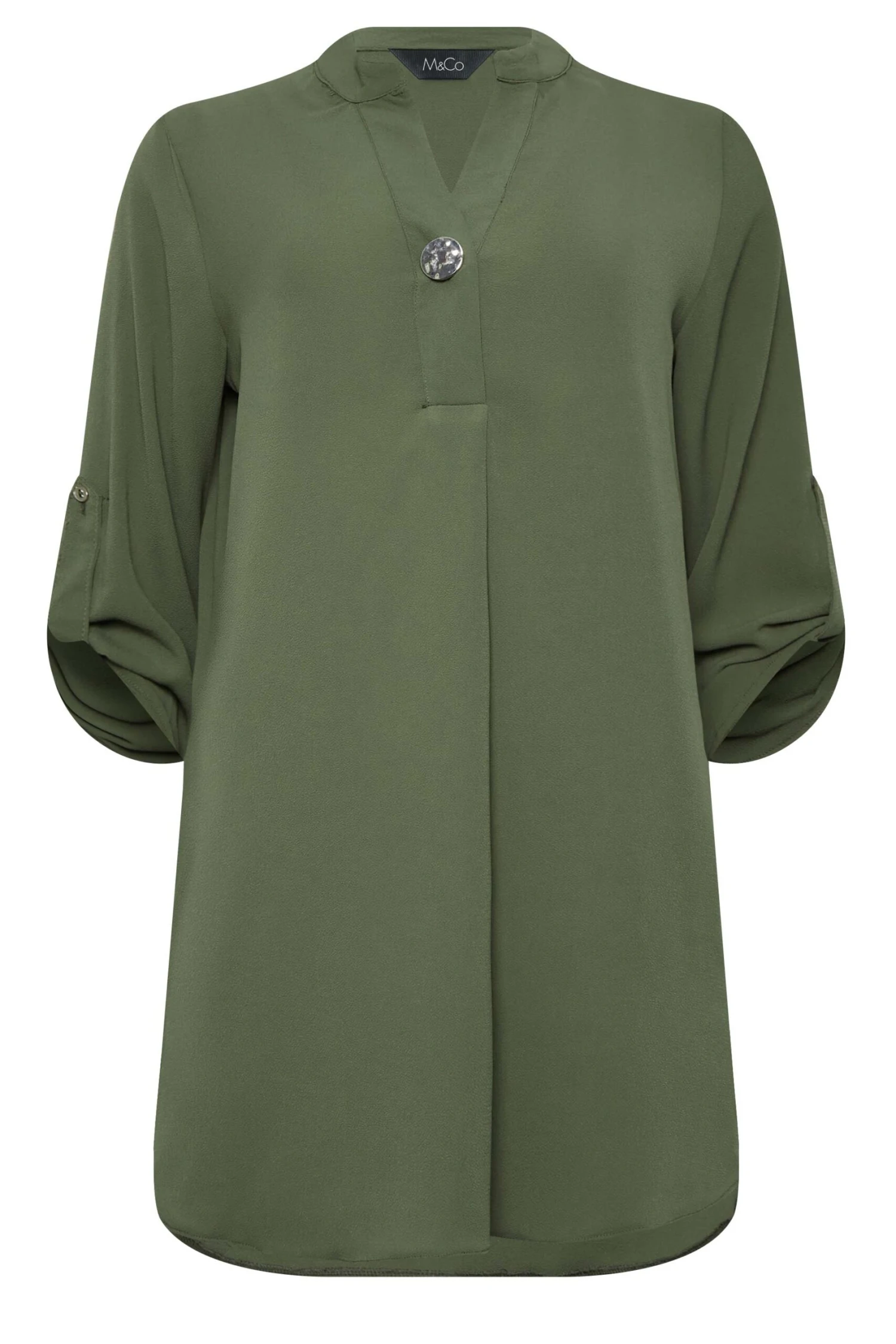M&Co Khaki Green Statement Button Tab Sleeve Shirt 6 M&Co Khaki Green Statement Button Tab Sleeve Shirt - Image 6