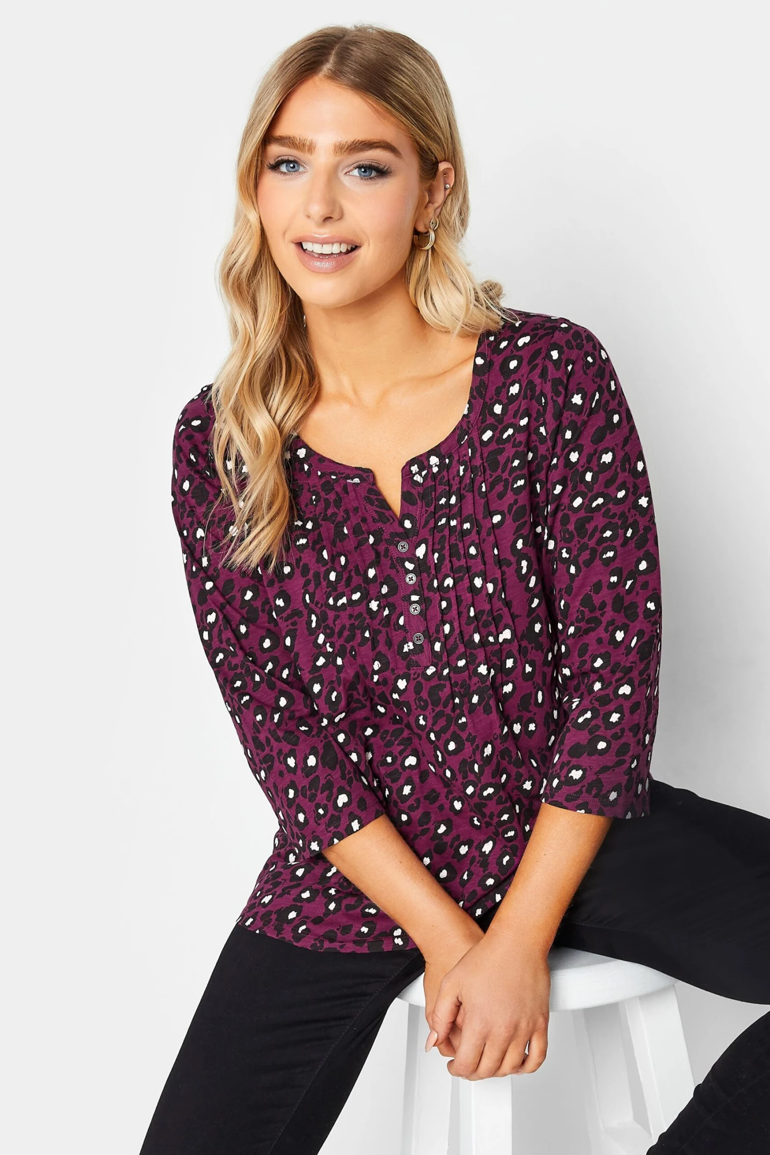 M&Co Berry Red Animal Print Cotton Henley Top 1 M&Co Berry Red Animal Print Cotton Henley Top