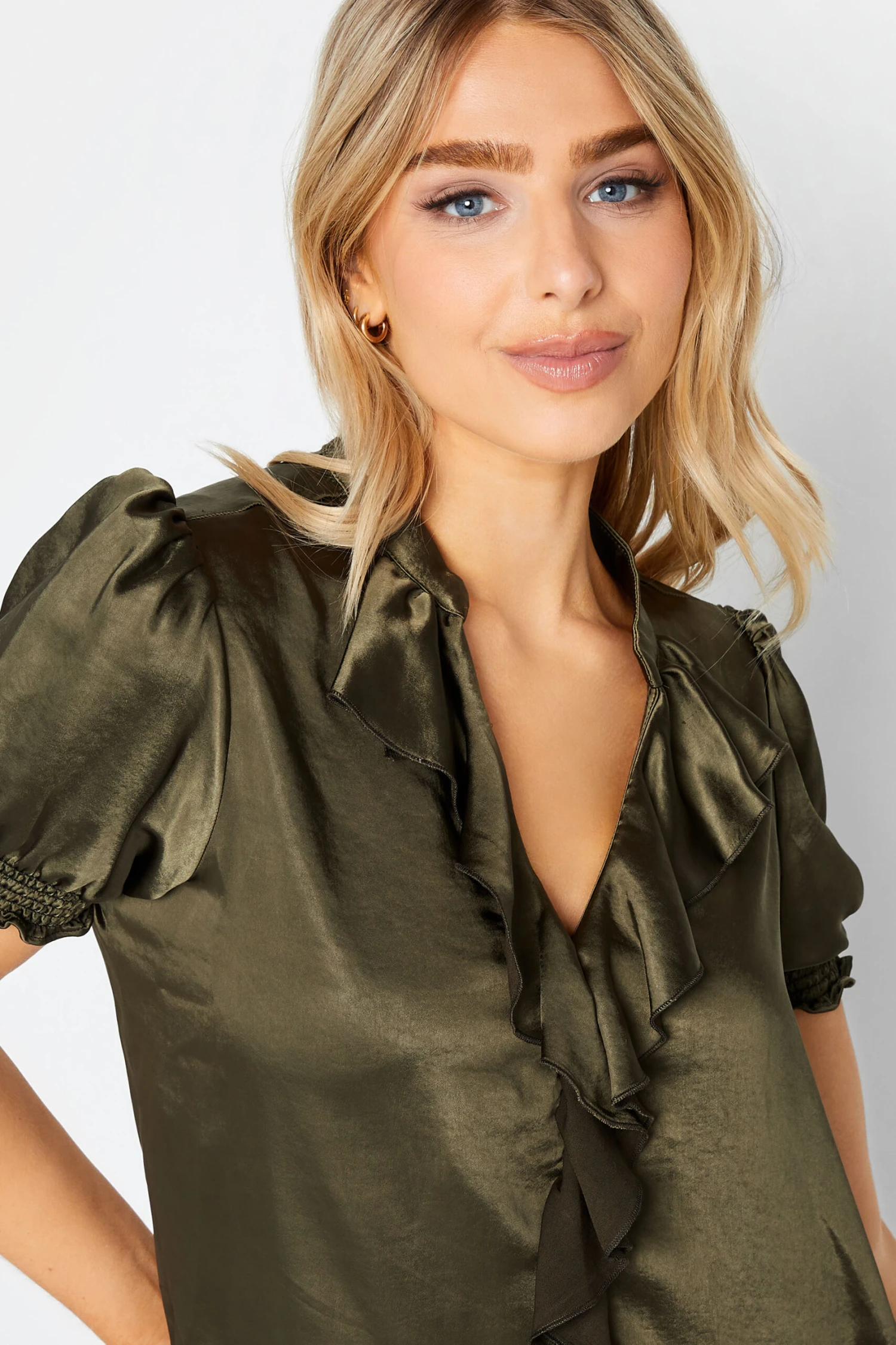 M&Co Khaki Green Frill Satin Blouse 4 M&Co Khaki Green Frill Satin Blouse - Image 4