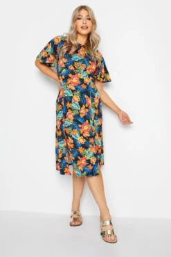 M&Co Black Floral Print Angel Sleeve Split Hem Midi Dress