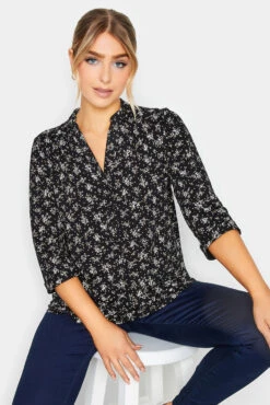 M&CO Black Floral Print Half Placket Jersey Shirt