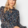 M&Co Navy Blue Floral Pleated Blouse