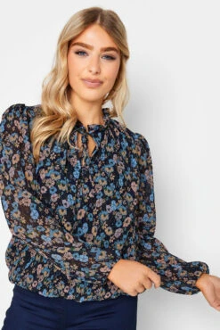 M&Co Navy Blue Floral Pleated Blouse
