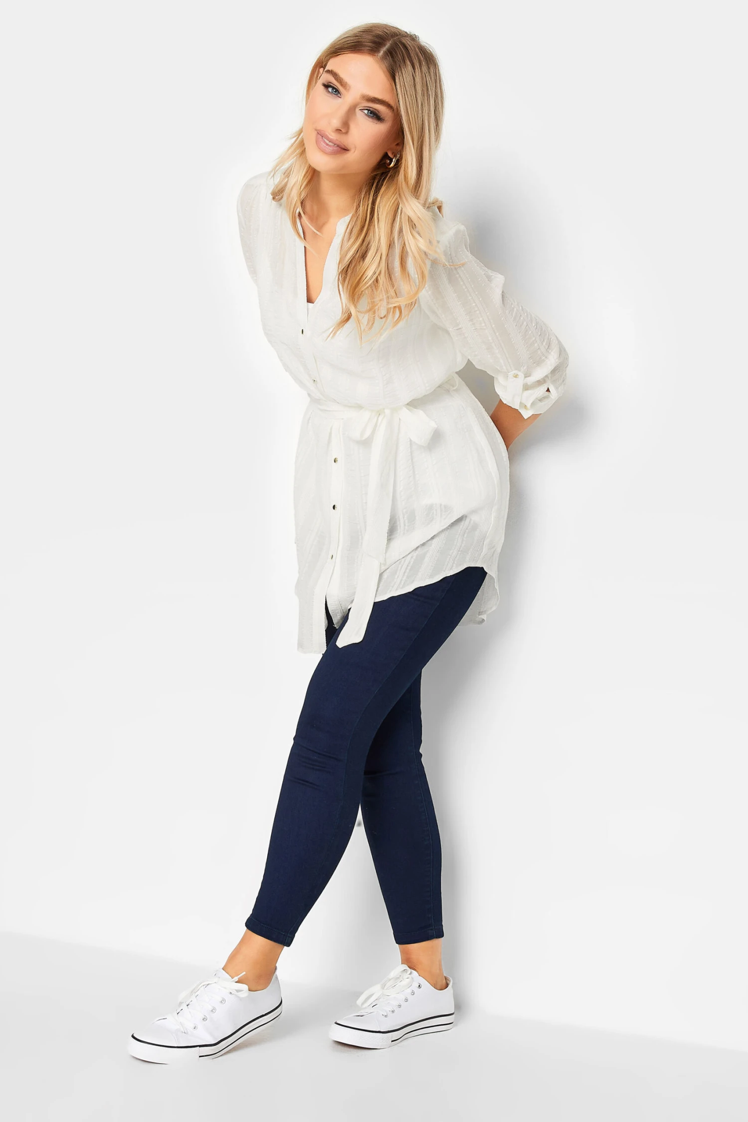 M&Co White Tie Waist Textured Tunic Shirt 2 M&Co White Tie Waist Textured Tunic Shirt - Image 2