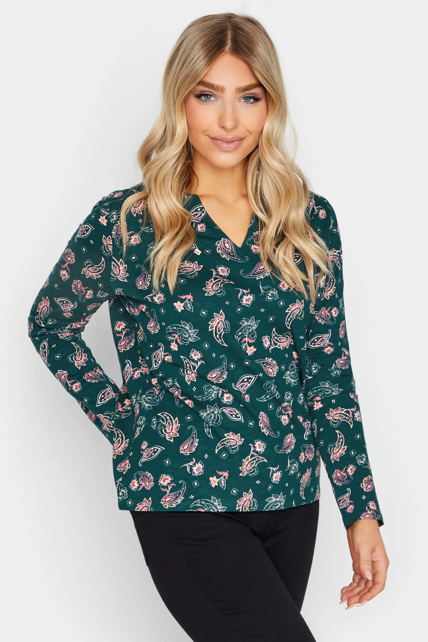 M&Co Teal Green Paisley Print Notch Neck Cotton T-Shirt 1 M&Co Teal Green Paisley Print Notch Neck Cotton T-Shirt