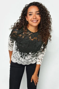 M&Co Black & White Floral Lace Blouse