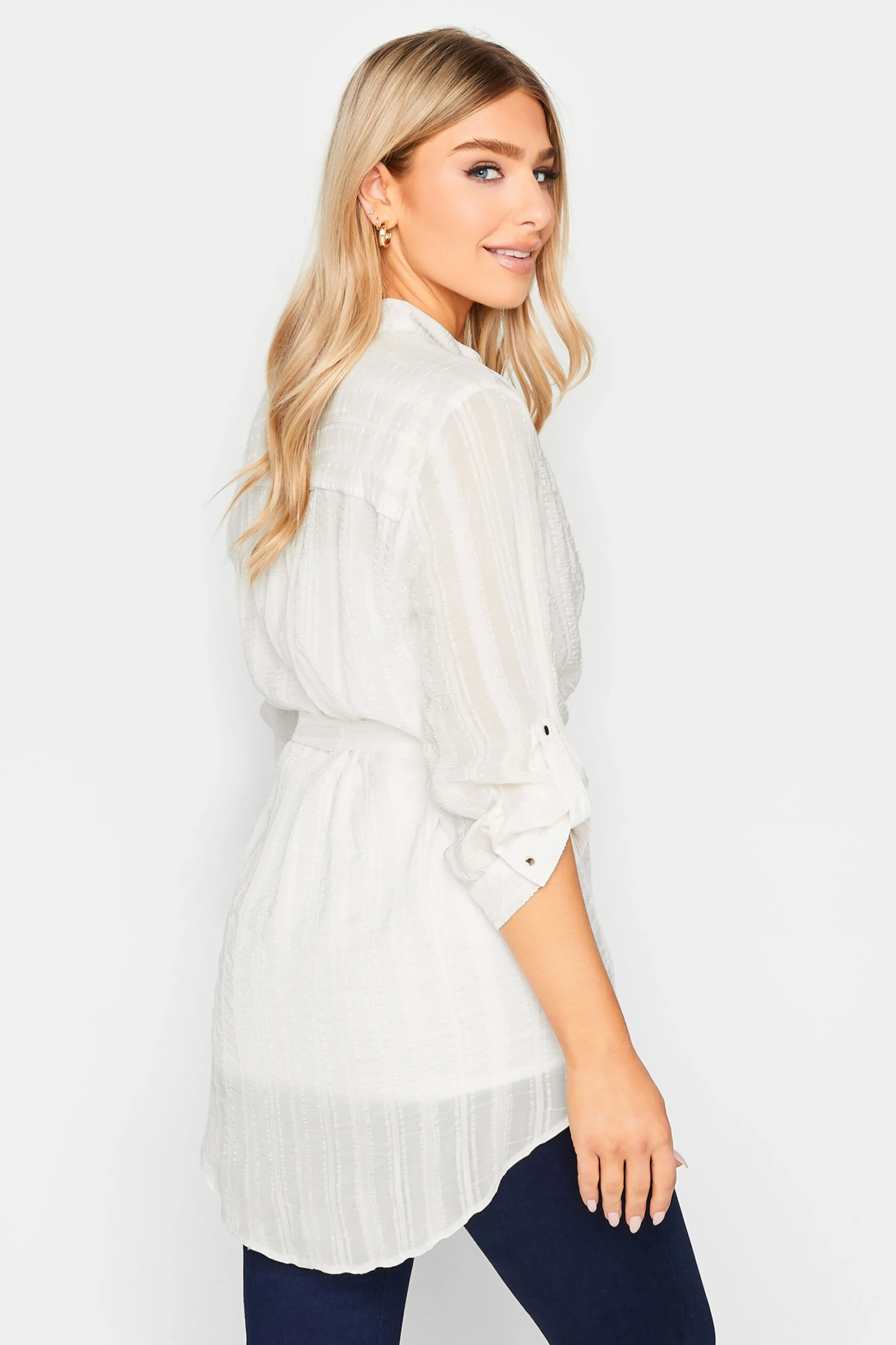 M&Co White Tie Waist Textured Tunic Shirt 3 M&Co White Tie Waist Textured Tunic Shirt - Image 3