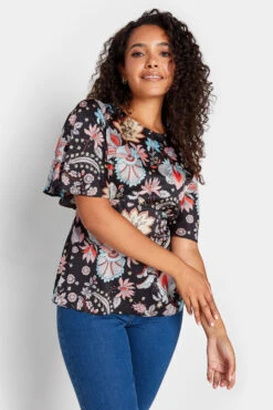 M&Co Black Floral Tie Back Blouse