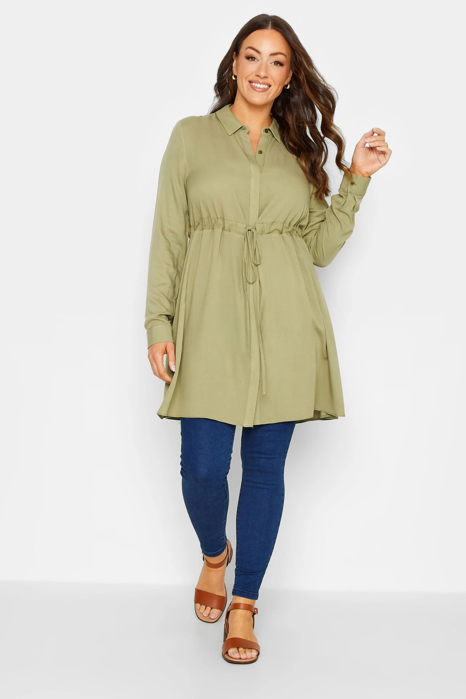 M&Co Khaki Green Tie Waist Tunic Shirt 2 M&Co Khaki Green Tie Waist Tunic Shirt - Image 2