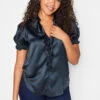 M&Co Navy Blue Frill Front Satin Blouse