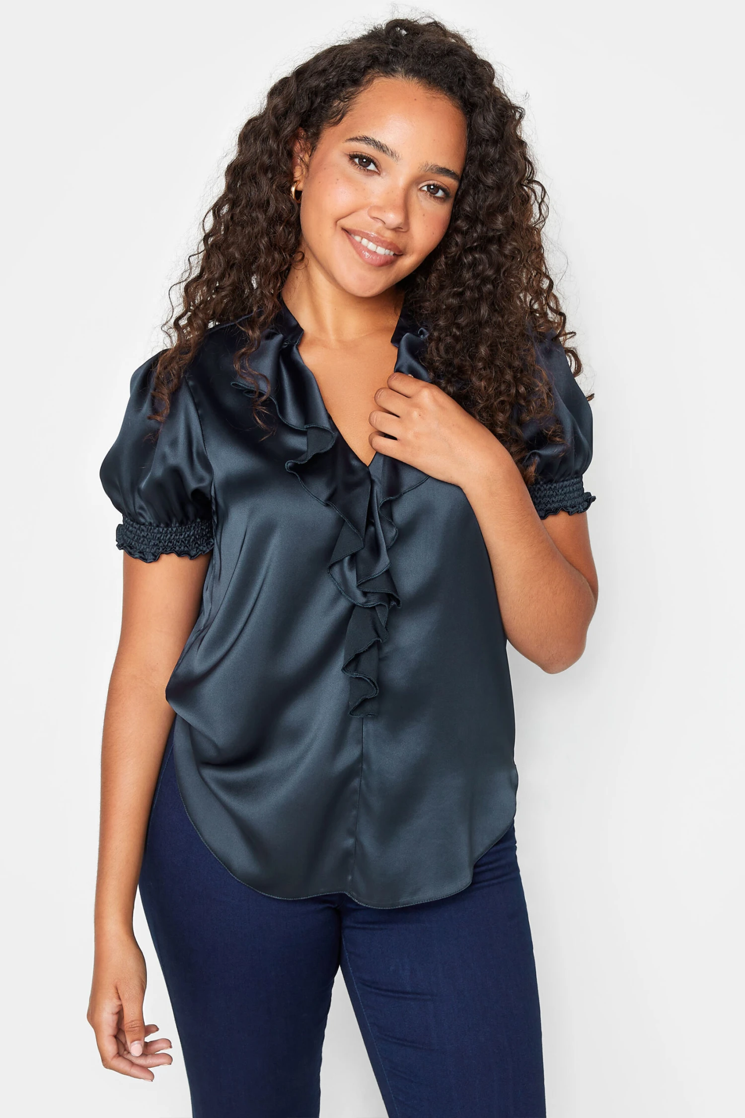 M&Co Navy Blue Frill Front Satin Blouse 1 M&Co Navy Blue Frill Front Satin Blouse