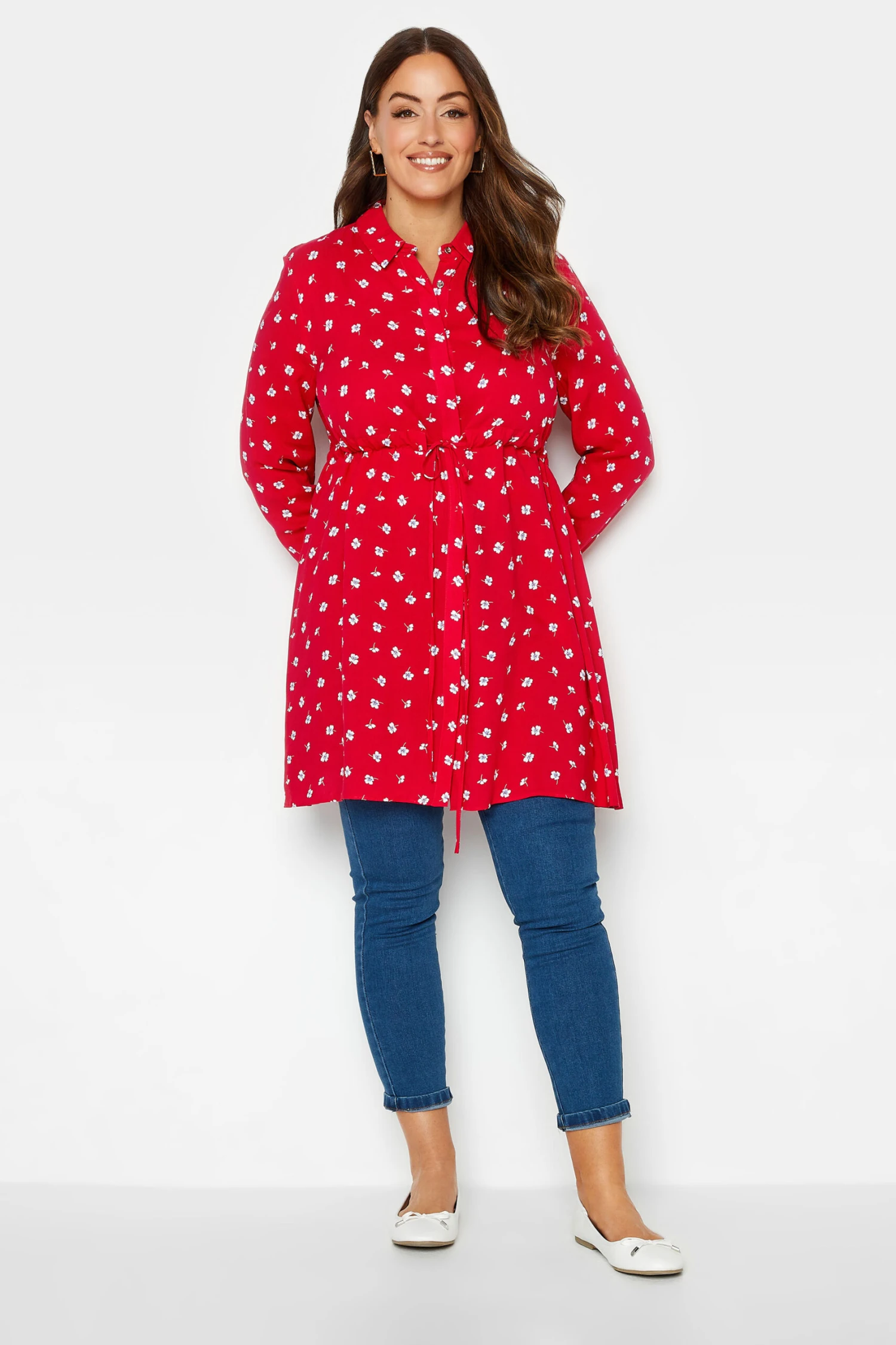 M&Co Red Floral Print Tie Waist Tunic Shirt 2 M&Co Red Floral Print Tie Waist Tunic Shirt - Image 2