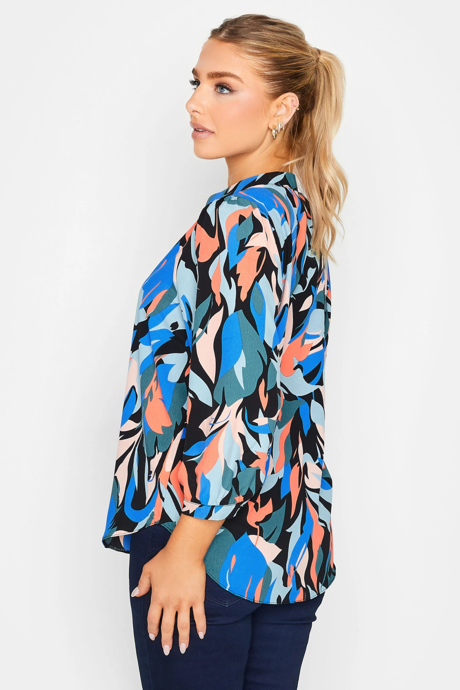 M&Co Black Leaf Print Half Placket Shirt 3 M&Co Black Leaf Print Half Placket Shirt - Image 3