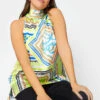M&Co Lime Green Scarf Print Halter Neck Blouse