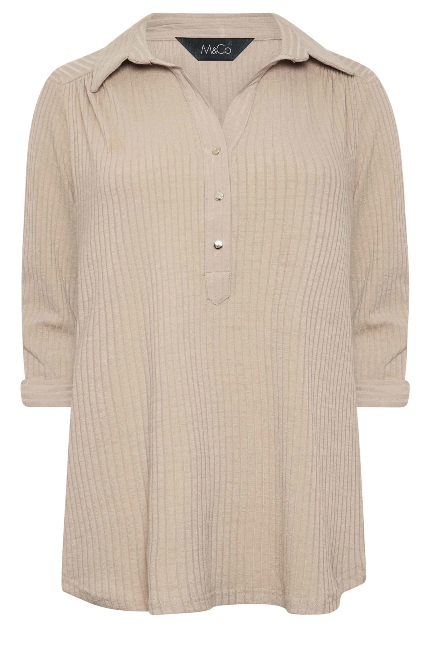 M&Co Beige Brown Ribbed V-Neck Shirt 6 M&Co Beige Brown Ribbed V-Neck Shirt - Image 6