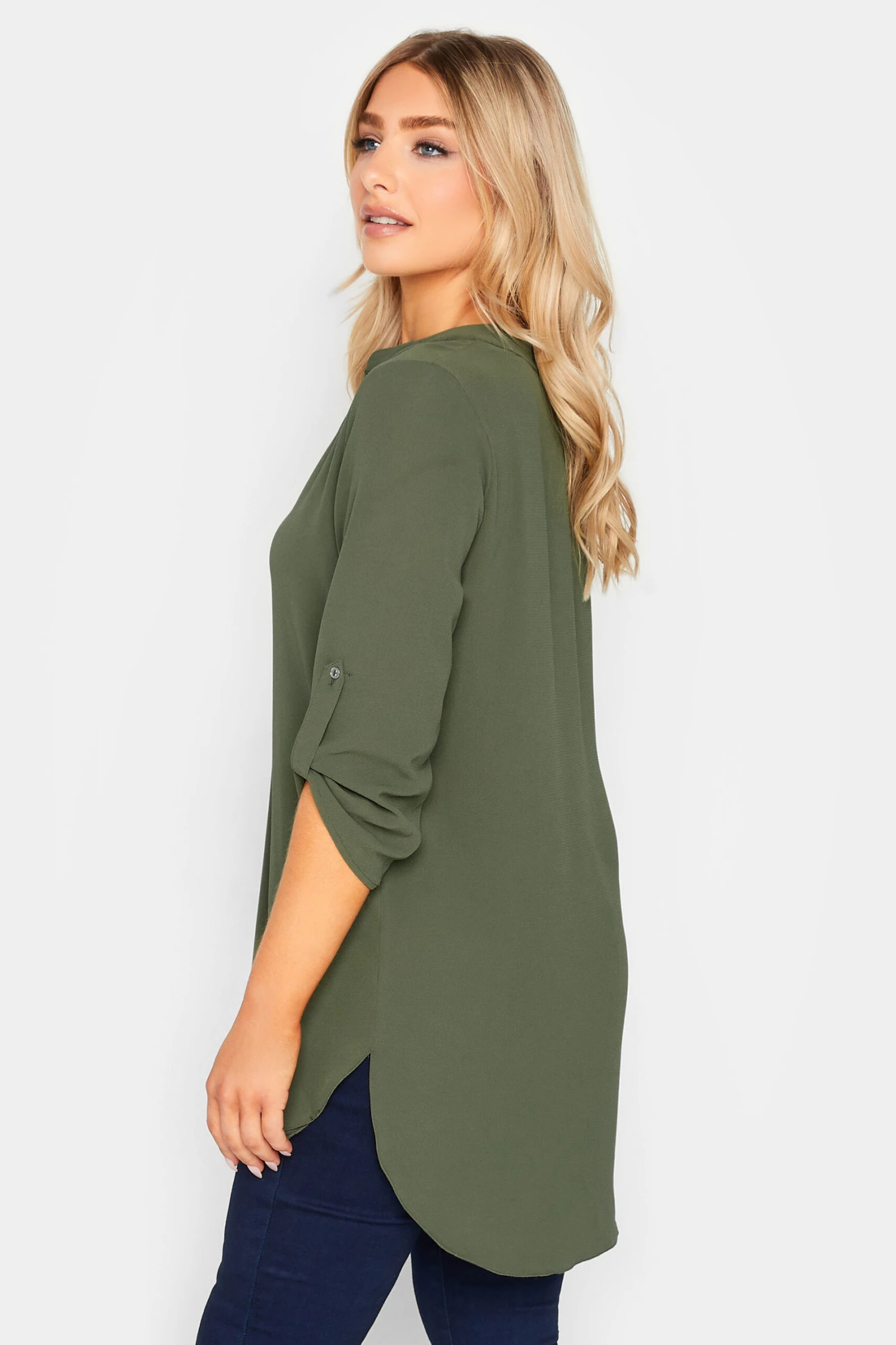 M&Co Khaki Green Statement Button Tab Sleeve Shirt 3 M&Co Khaki Green Statement Button Tab Sleeve Shirt - Image 3