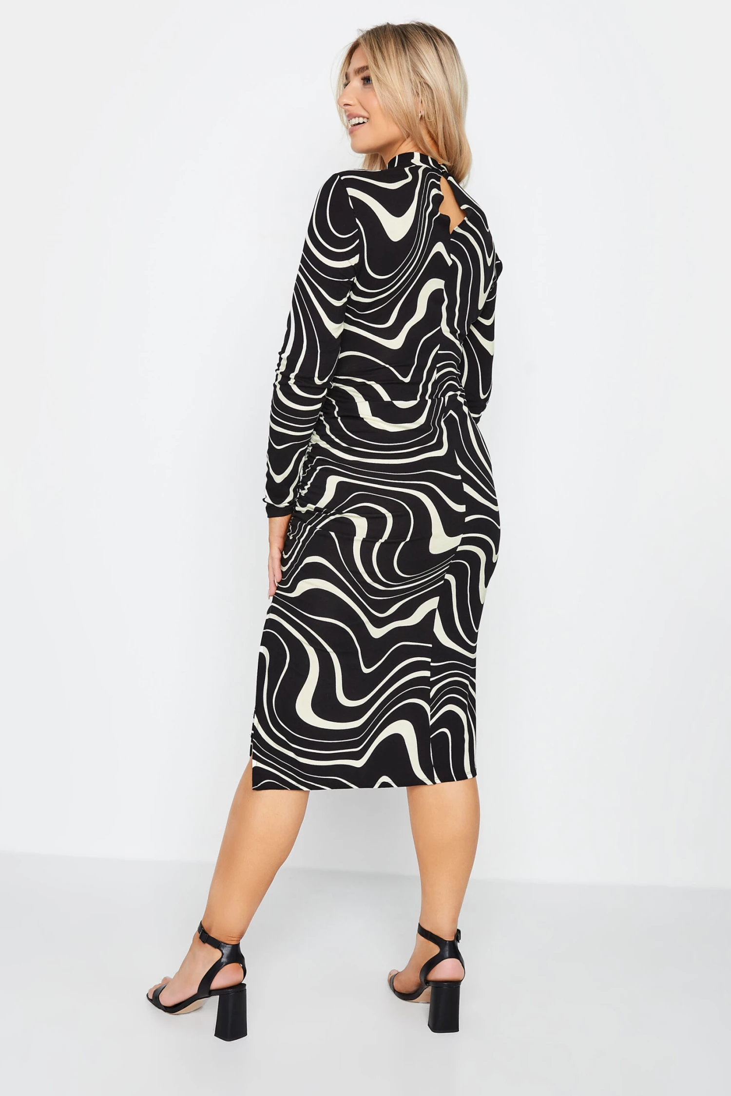 M&Co Black Swirl Ruched Side Midi Dress 3 M&Co Black Swirl Ruched Side Midi Dress - Image 3