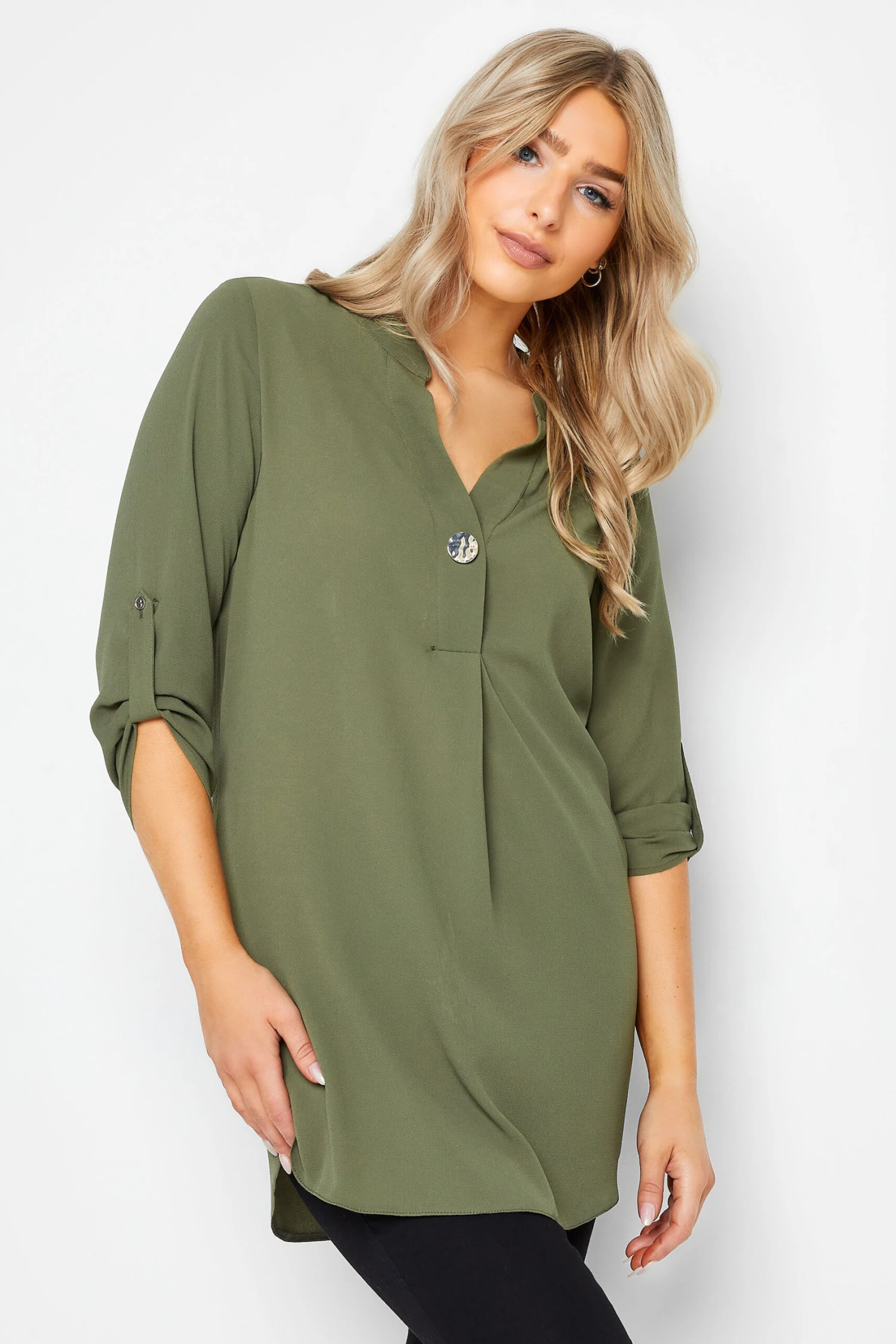 M&Co Green Statement Button Tab Sleeve Shirt 1 M&Co Green Statement Button Tab Sleeve Shirt