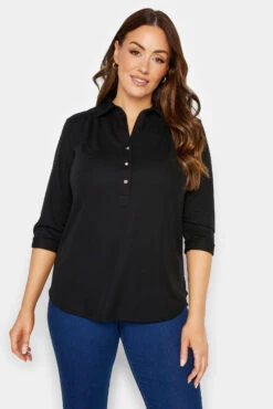 M&Co Black Half Placket Jersey Open Collar Shirt