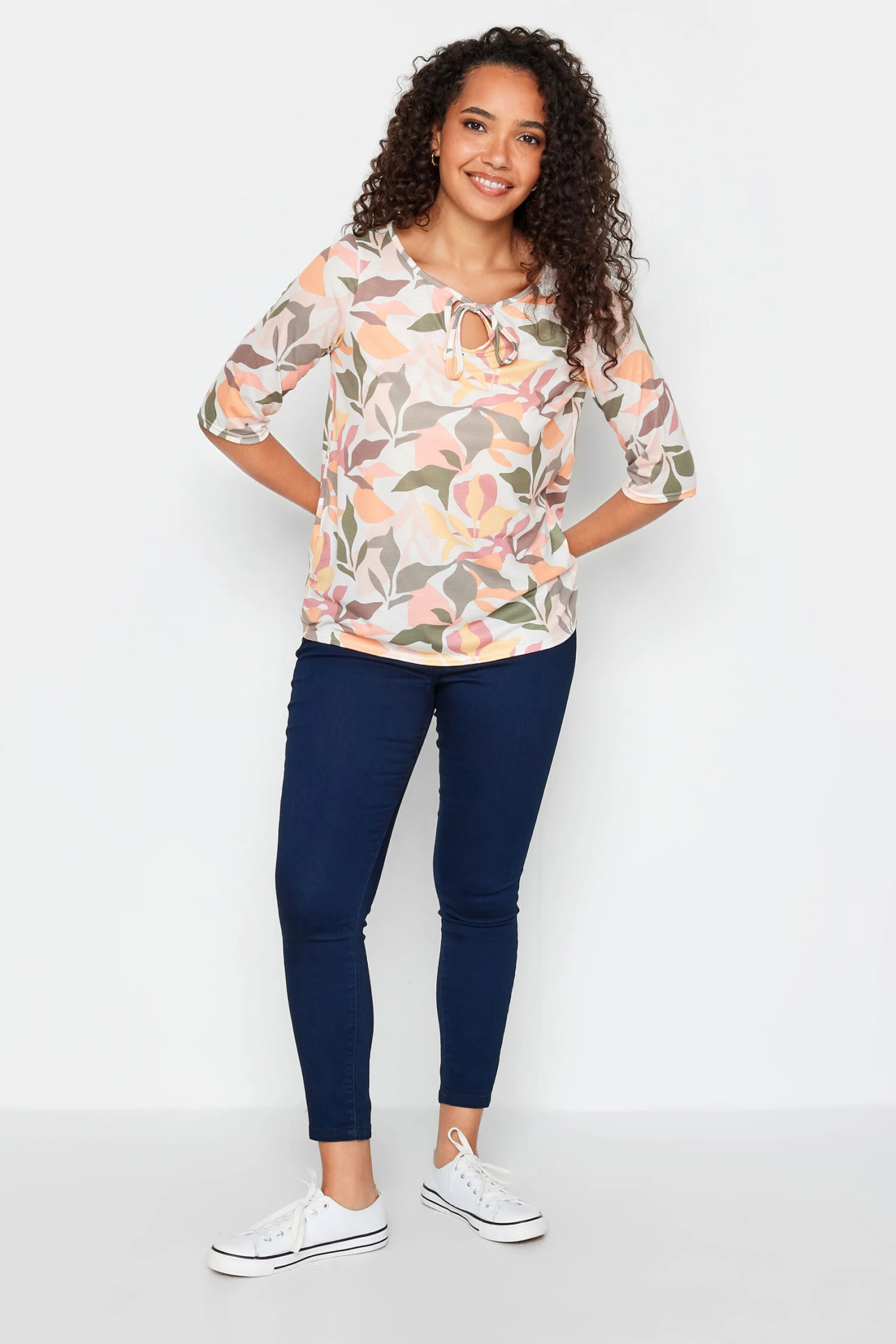 M&Co Beige Brown Floral Tie Front Top 2 M&Co Beige Brown Floral Tie Front Top - Image 2