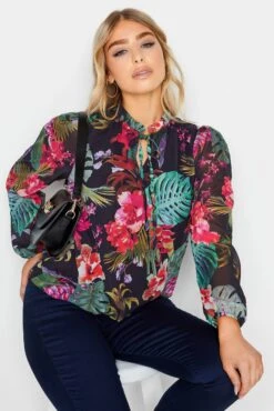 M&Co Black Floral High Neck Blouse