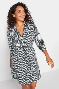 M&Co Black Geometric Print Tie Waist Shirt Dress