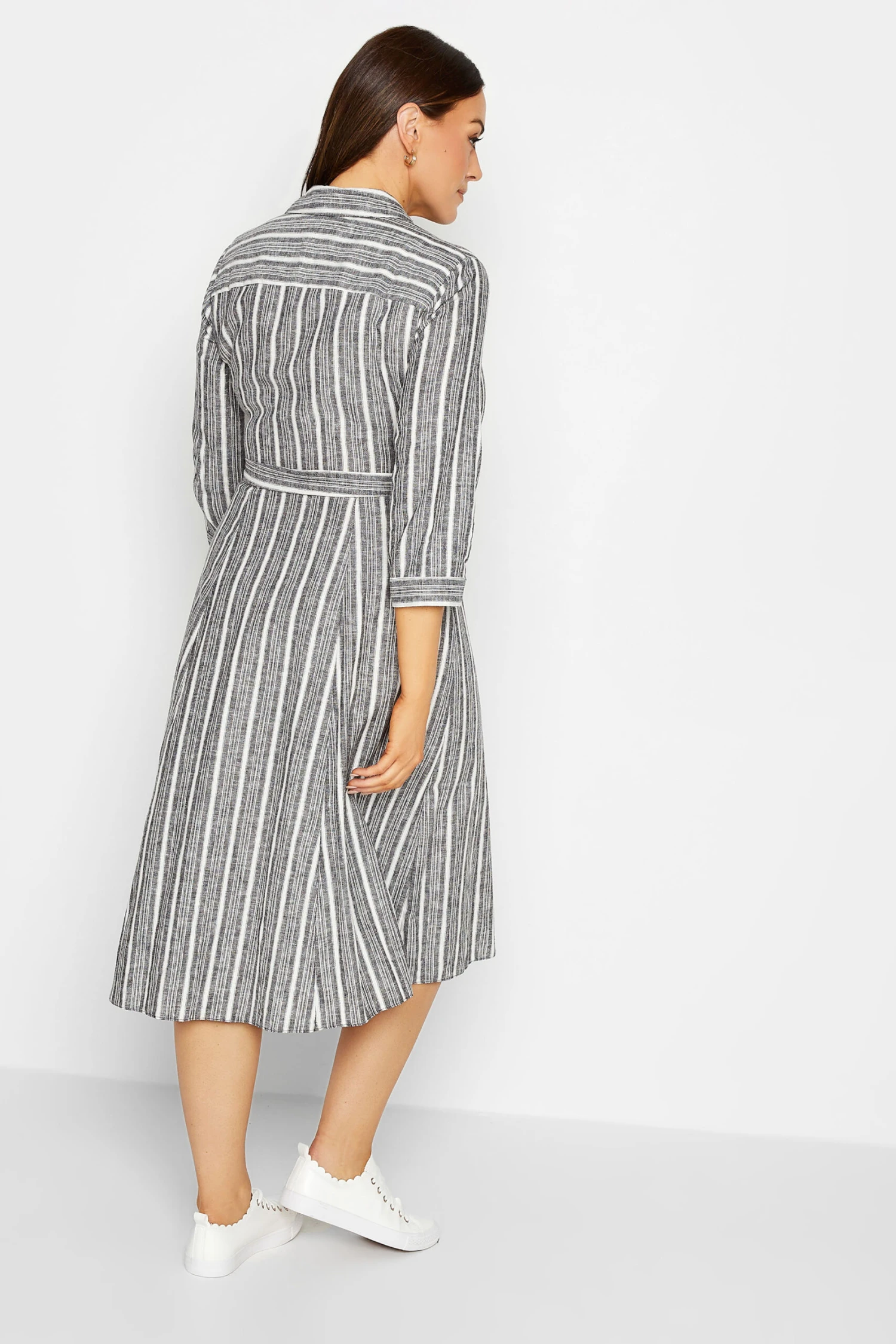 M&Co Grey Stripe Button Through Tie Waist Cotton Dress 3 M&Co Grey Stripe Button Through Tie Waist Cotton Dress - Image 3