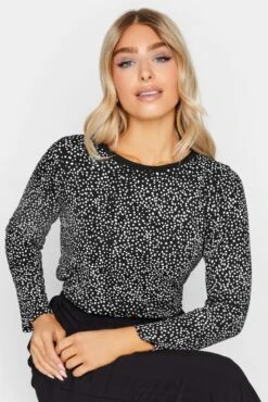 M&Co Black Spot Print Long Sleeve Cotton Top