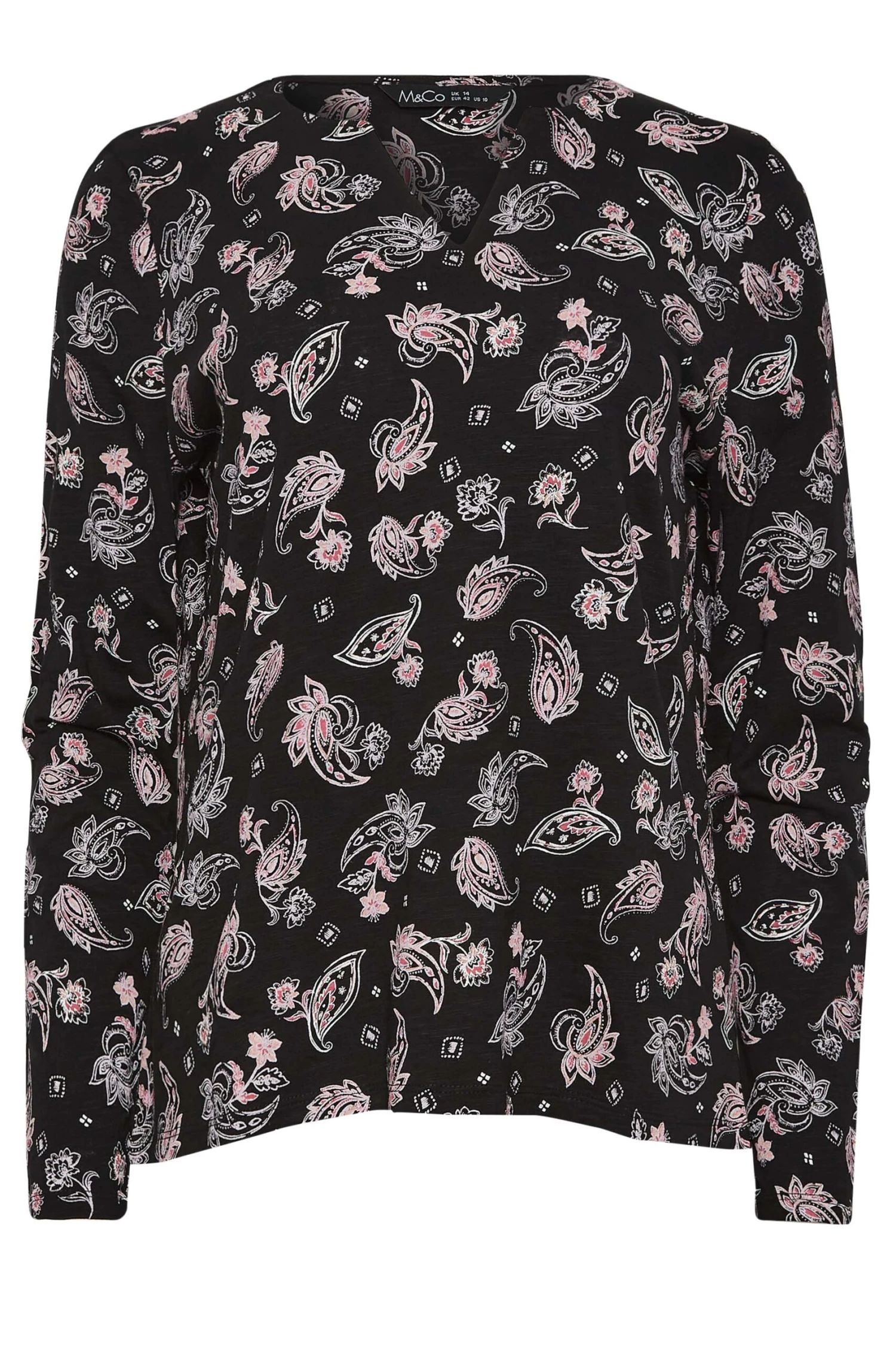 M&Co Black Paisley Print Notch Neck Cotton T-Shirt 6 M&Co Black Paisley Print Notch Neck Cotton T-Shirt - Image 6