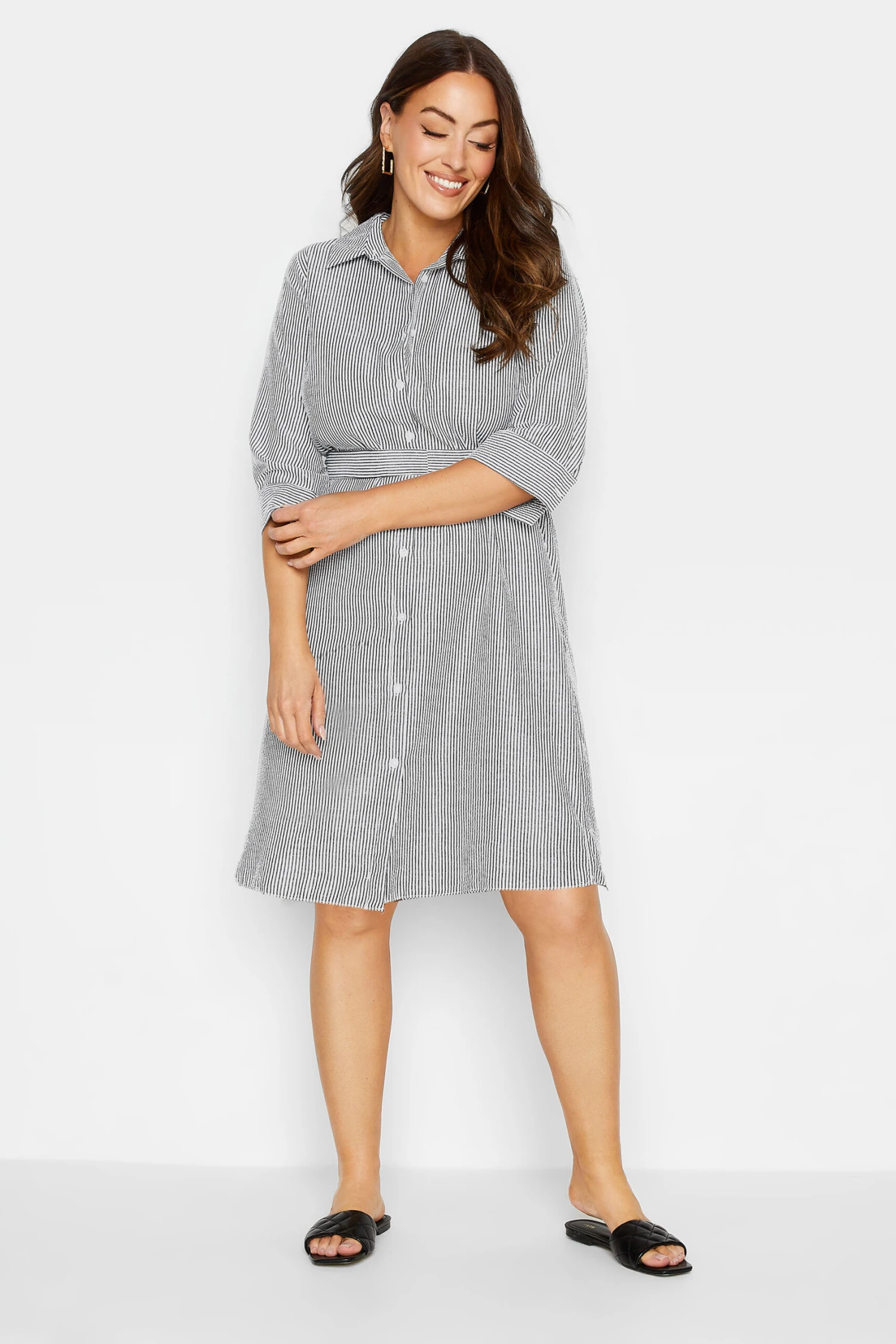 M&Co White & Black Stripe Print Tie Waist Tunic Shirt Dress 2 M&Co White & Black Stripe Print Tie Waist Tunic Shirt Dress - Image 2