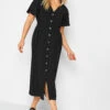 M&Co Black Shirred Waist Button Through Midi Dress