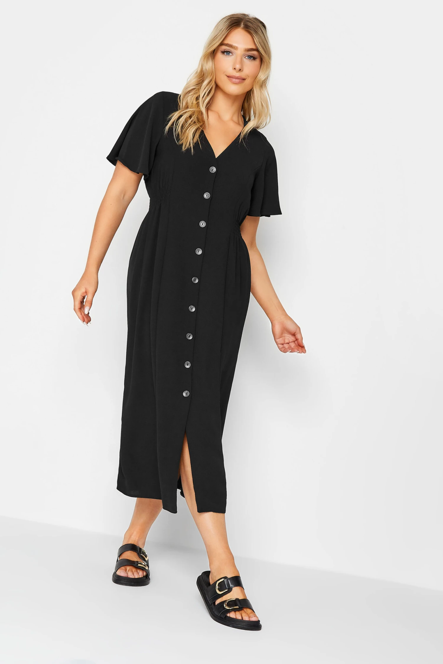 M&Co Black Shirred Waist Button Through Midi Dress 1 M&Co Black Shirred Waist Button Through Midi Dress