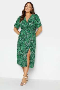 M&Co Green Floral Print Shirred Waist Midi Dress