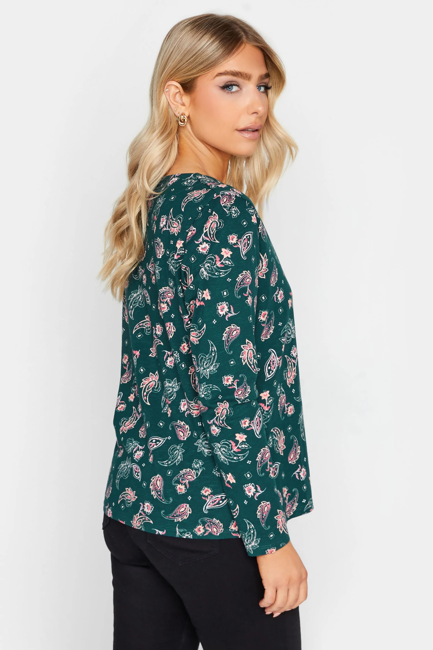 M&Co Teal Green Paisley Print Notch Neck Cotton T-Shirt 3 M&Co Teal Green Paisley Print Notch Neck Cotton T-Shirt - Image 3