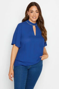 M&Co Blue Embellished Neck Keyhole Blouse