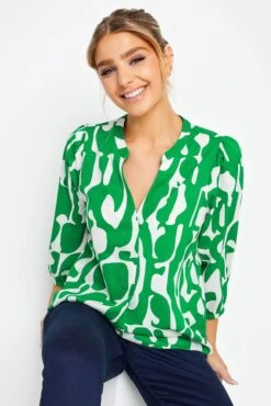 M&Co Green & White Abstract Print 3/4 Sleeve Blouse