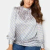 M&Co Blue Geometric Print High Neck Satin Blouse