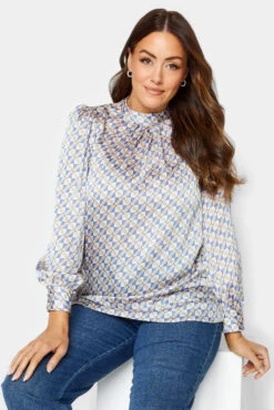 M&Co Blue Geometric Print High Neck Satin Blouse