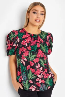 M&Co Black Floral Print Puff Sleeve Blouse