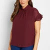 M&Co Burgundy Red High Neck Frill Sleeve Blouse