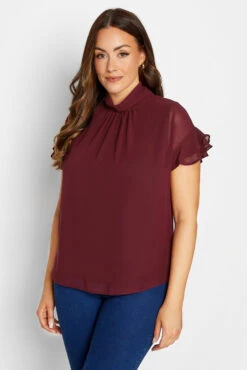 M&Co Burgundy Red High Neck Frill Sleeve Blouse