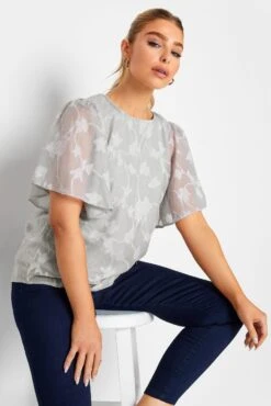 M&Co Grey Floral Shimmer Angel Sleeve Blouse