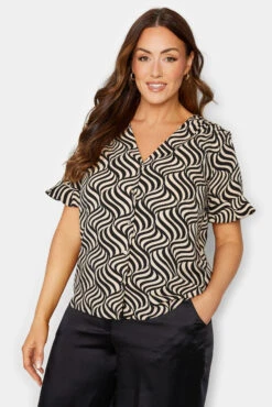 M&Co Sales Store 27 M&Co Black & White Swirl Print Frill Sleeve Blouse