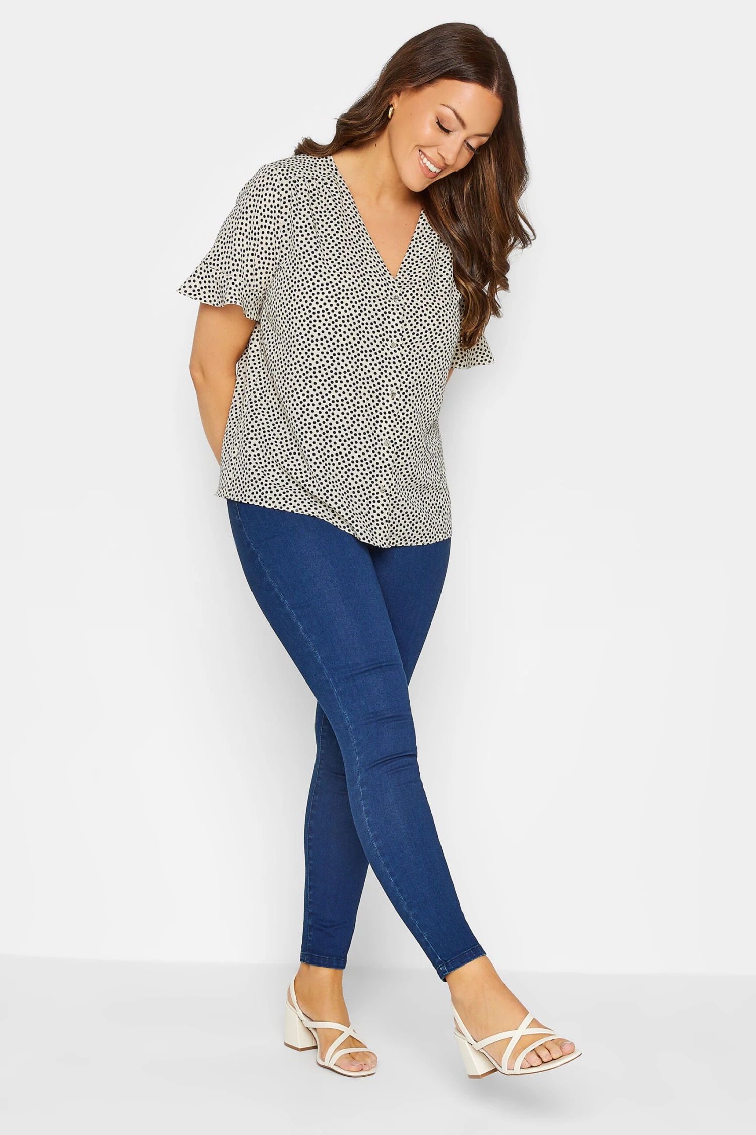 M&Co White Spot Print Frill Sleeve Button Through Blouse 2 M&Co White Spot Print Frill Sleeve Button Through Blouse - Image 2