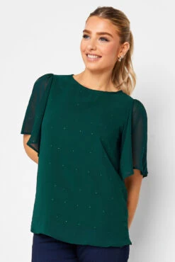 M&Co Green Gem Detail Angel Sleeve Blouse